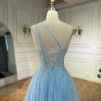 Serene Hill  Blue Spaghetti Strap A Line One Shoulder Prom Dress 2025 LA72589