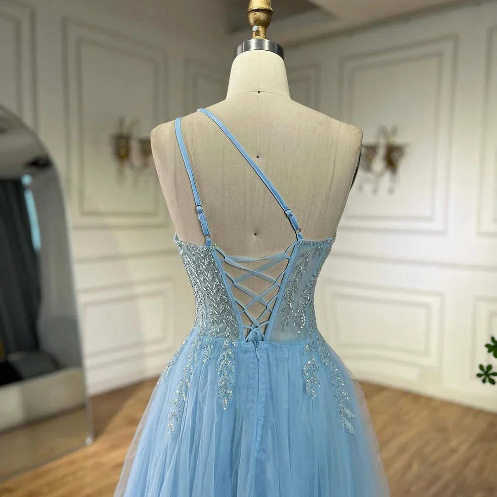 Serene Hill  Blue Spaghetti Strap A Line One Shoulder Prom Dress 2025 LA72589