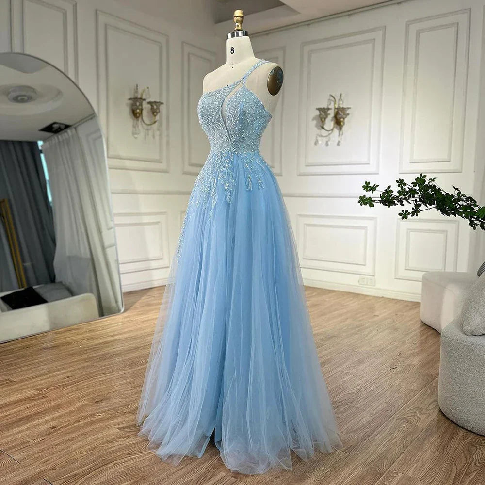 Serene Hill  Blue Spaghetti Strap A Line One Shoulder Prom Dress 2025 LA72589
