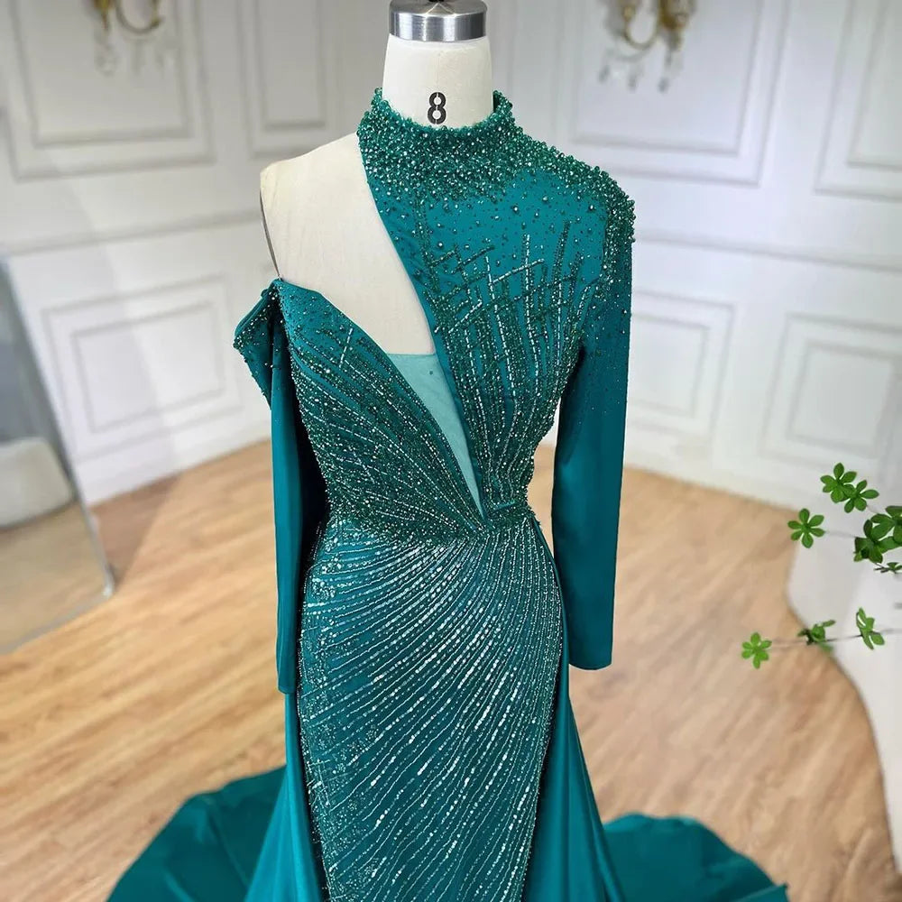 Serene Hill Arabic Green Elegant Mermaid One Shoulder Beaded Luxury Dubai Evening Dresses Gowns For Women Wedding Party LA72550