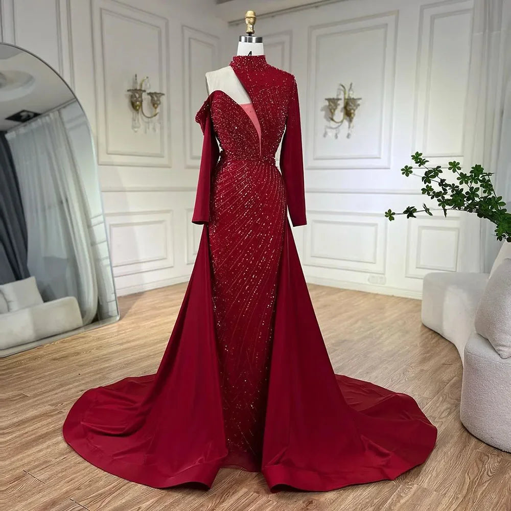 Serene Hill Arabic Green Elegant Mermaid One Shoulder Beaded Luxury Dubai Evening Dresses Gowns For Women Wedding Party LA72550