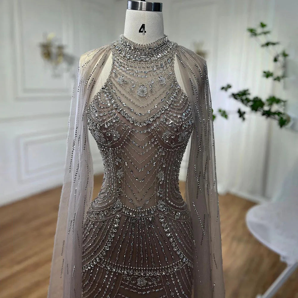 Luxury Dubai Caramel Beaded Mermaid Evening Dress with Cape Sleeves LA72138