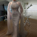 Luxury Dubai Caramel Beaded Mermaid Evening Dress with Cape Sleeves LA72138