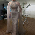Luxury Dubai Caramel Beaded Mermaid Evening Dress with Cape Sleeves LA72138