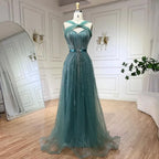 Serene Hill Dubai Turquoise Spaghetti Strap Mermaid Luxury Beaded Evening Dresses Gowns For Women Wedding Party 2025 LA72322