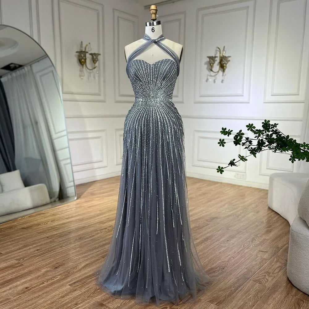 Serene Hill Dubai Turquoise Spaghetti Strap Mermaid Luxury Beaded Evening Dresses Gowns For Women Wedding Party 2025 LA72322