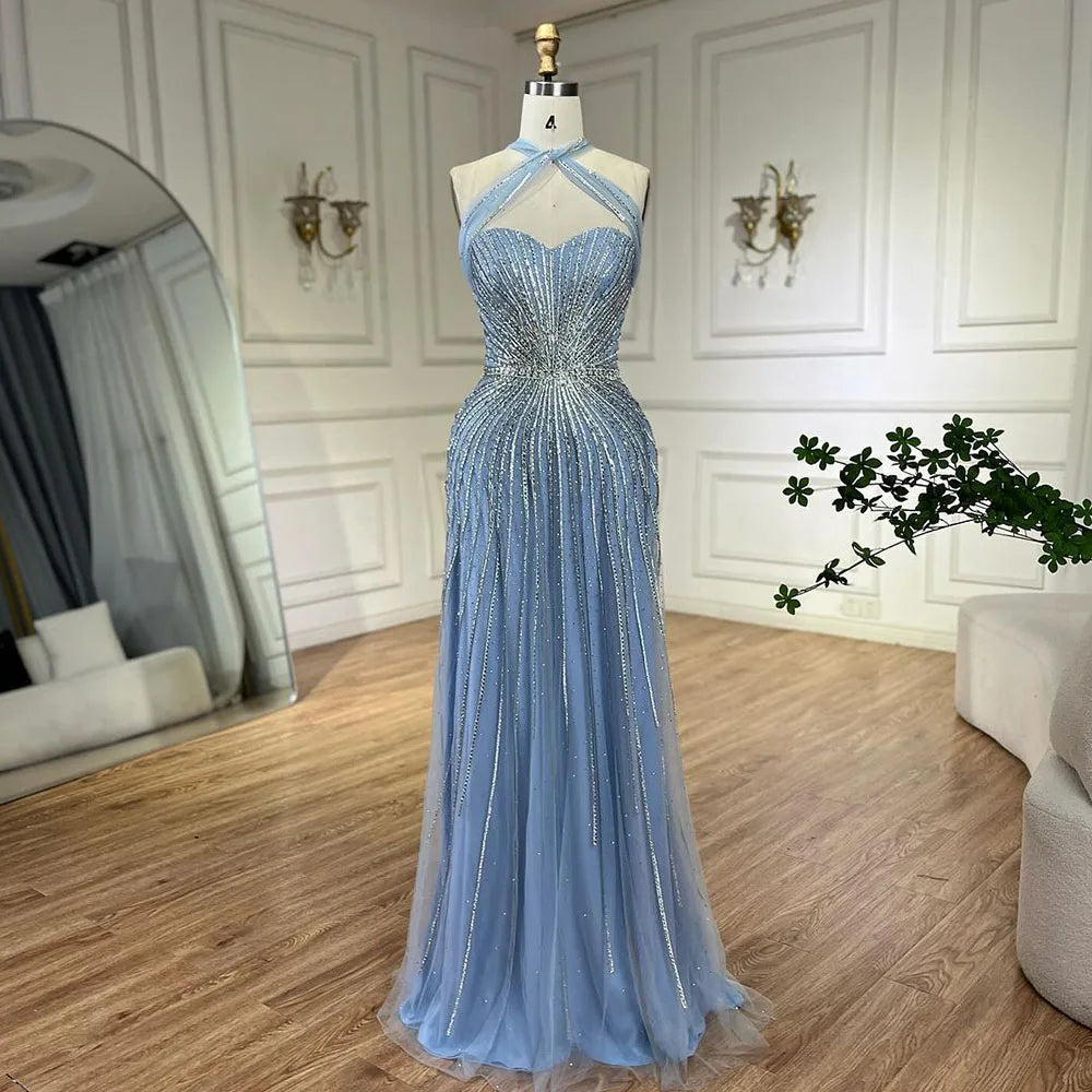 Serene Hill Dubai Turquoise Spaghetti Strap Mermaid Luxury Beaded Evening Dresses Gowns For Women Wedding Party 2025 LA72322
