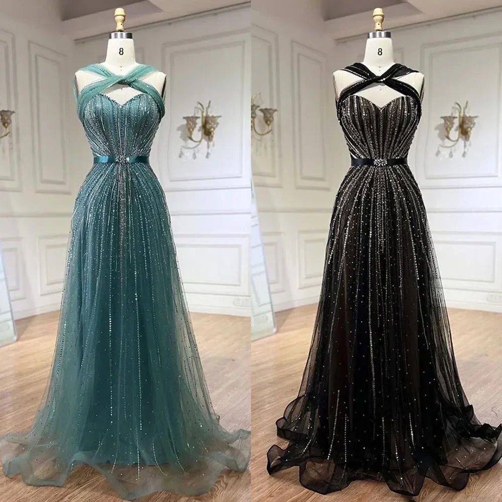 Serene Hill Dubai Turquoise Spaghetti Strap Mermaid Luxury Beaded Evening Dresses Gowns For Women Wedding Party 2025 LA72322