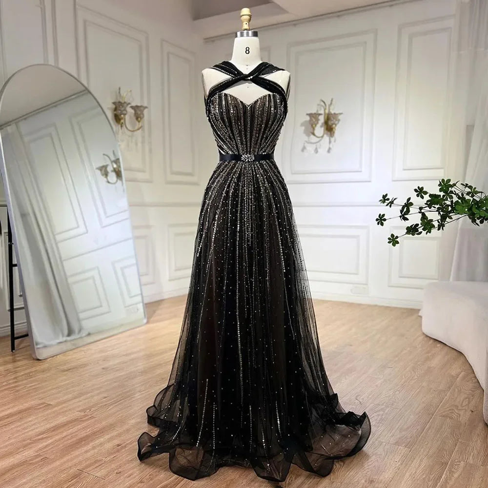 Serene Hill Dubai Turquoise Spaghetti Strap Mermaid Luxury Beaded Evening Dresses Gowns For Women Wedding Party 2025 LA72322