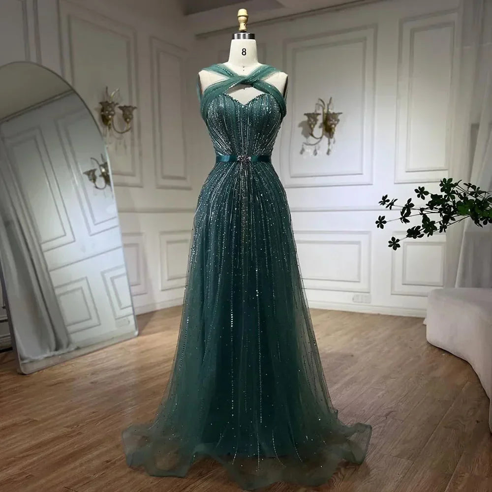 Serene Hill Dubai Turquoise Spaghetti Strap Mermaid Luxury Beaded Evening Dresses Gowns For Women Wedding Party 2025 LA72322