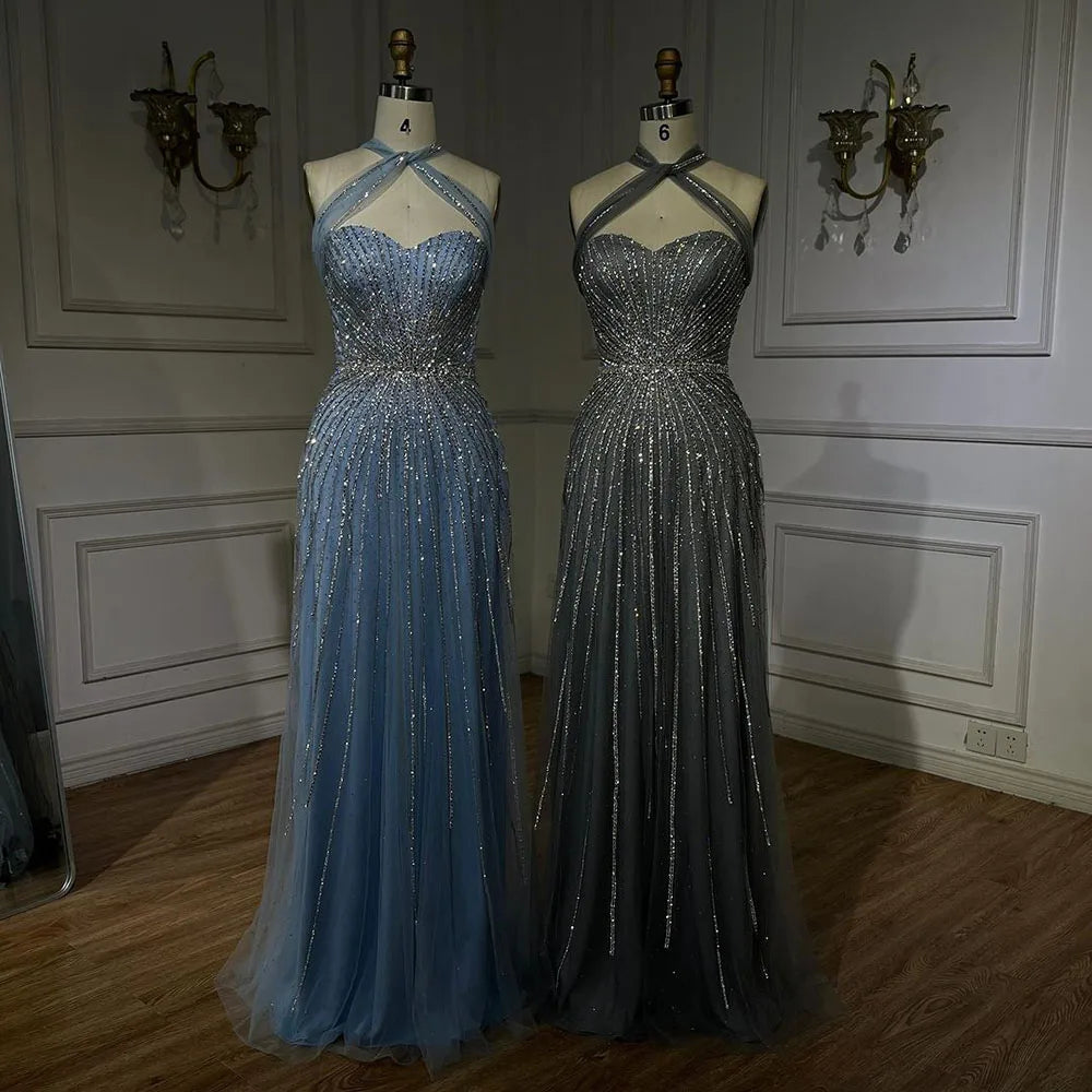 Serene Hill Dubai Turquoise Spaghetti Strap Mermaid Luxury Beaded Evening Dresses Gowns For Women Wedding Party 2025 LA72322