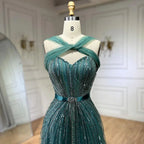 Serene Hill Dubai Turquoise Spaghetti Strap Mermaid Luxury Beaded Evening Dresses Gowns For Women Wedding Party 2025 LA72322