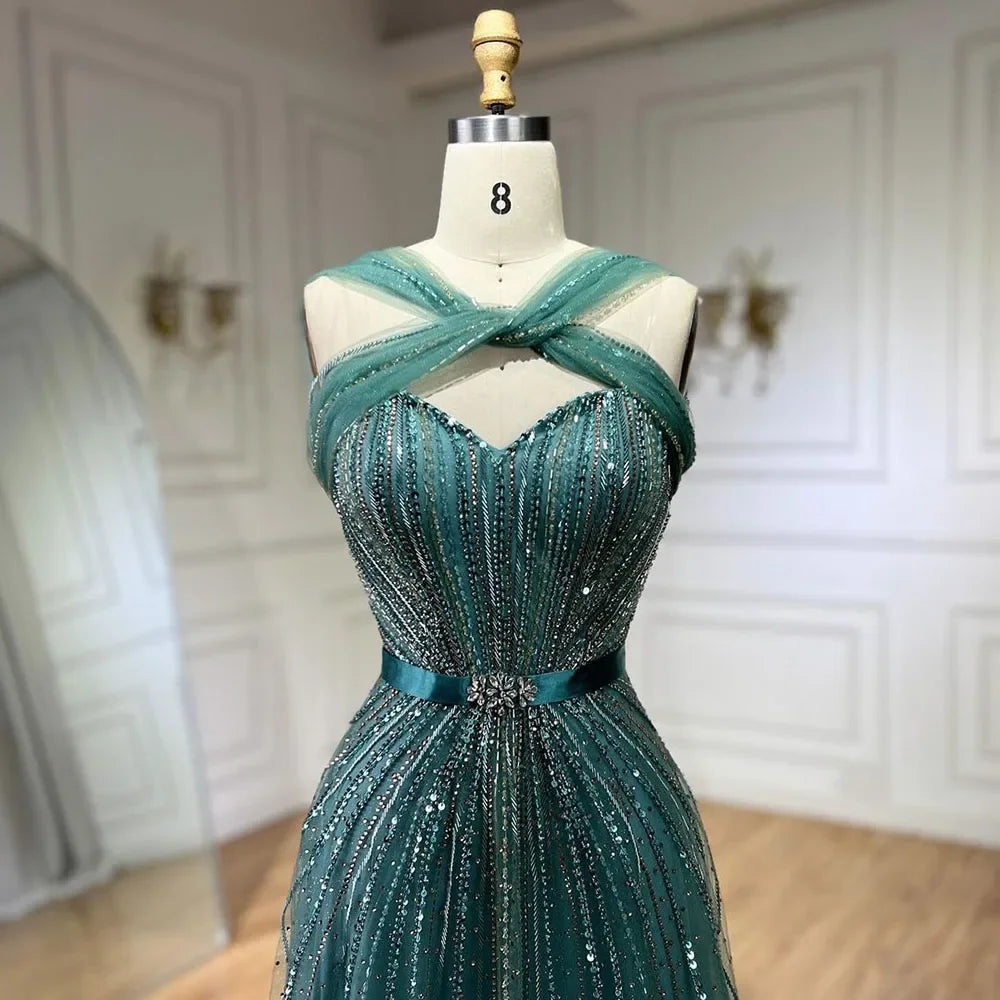 Serene Hill Dubai Turquoise Spaghetti Strap Mermaid Luxury Beaded Evening Dresses Gowns For Women Wedding Party 2025 LA72322