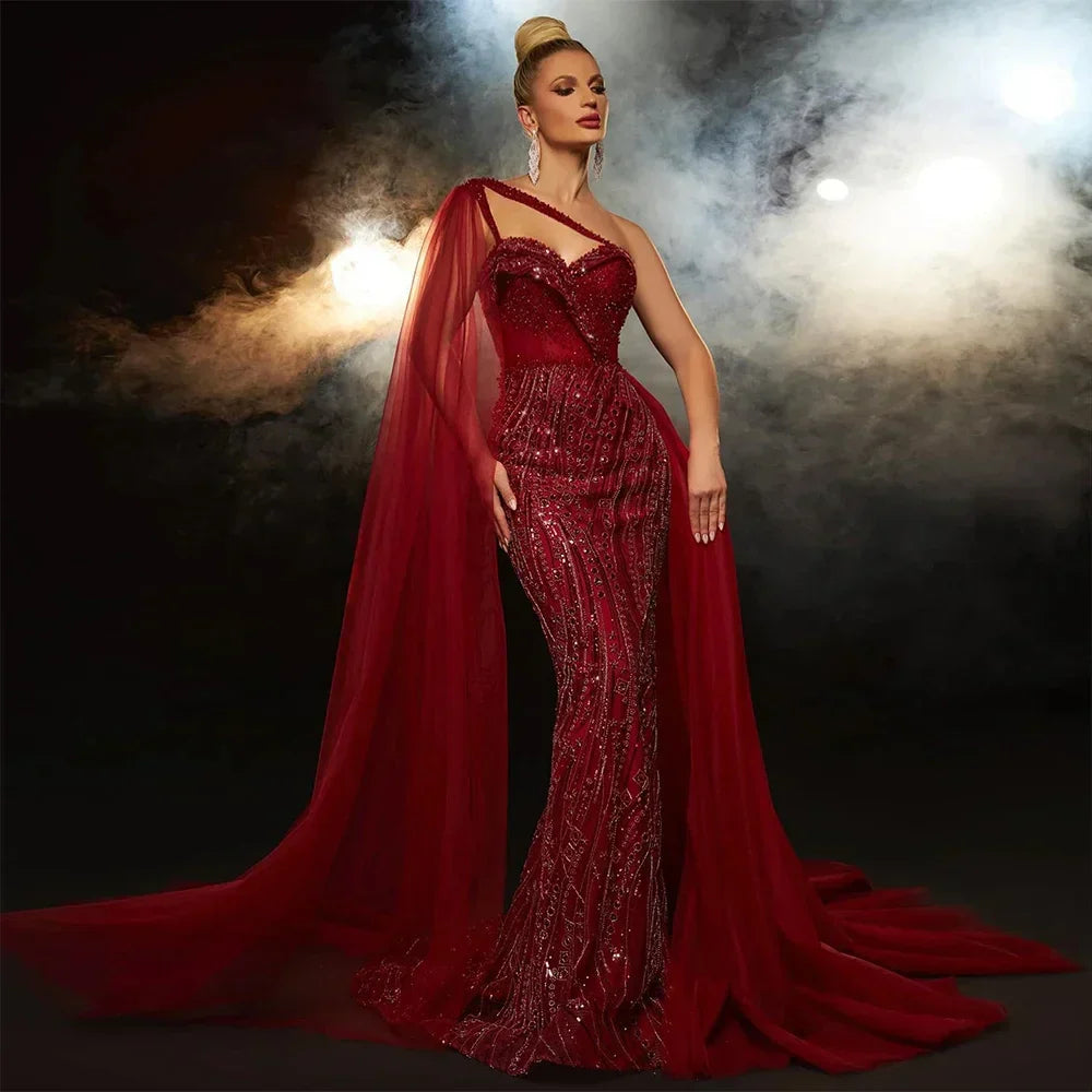Luxury Green One Shoulder Mermaid Evening Dress with Cape LA72472