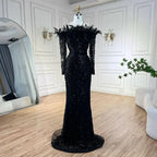 Luxury Dubai Green Long Sleeves Feathers Beaded Evening Dress LA72553