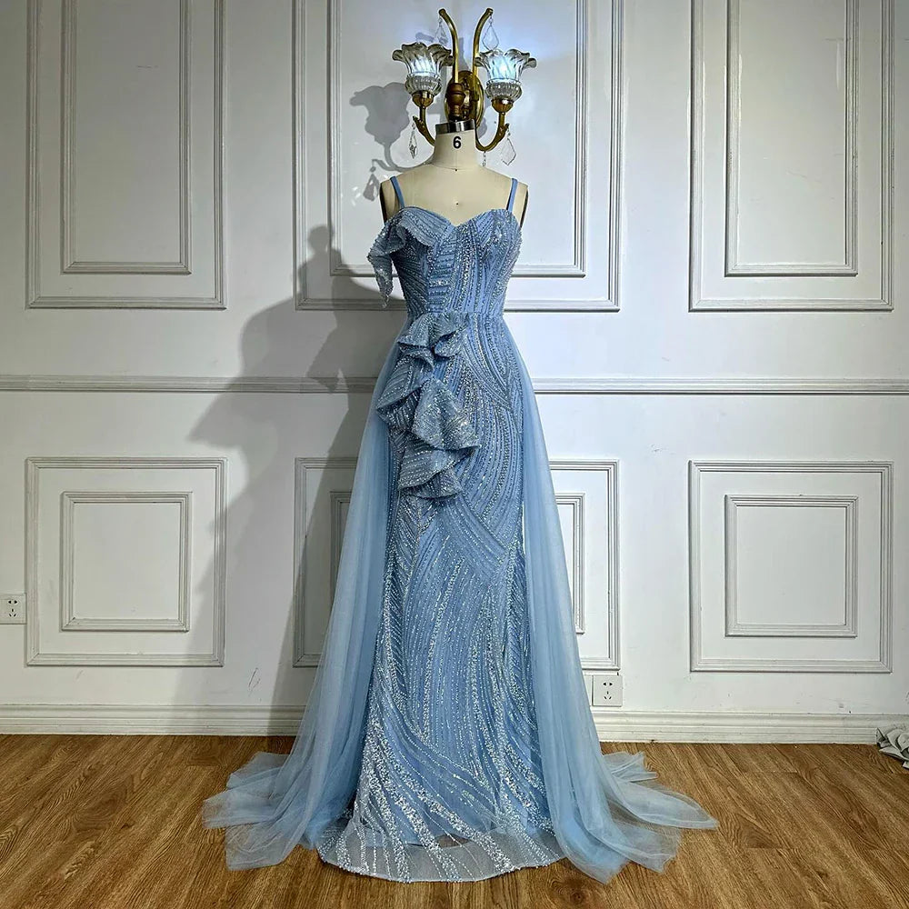 Luxury Dubai Mermaid Evening Dress With Skirt  Light blue Beaded Spaghetti Strap For Formal Occasion  LA72341A