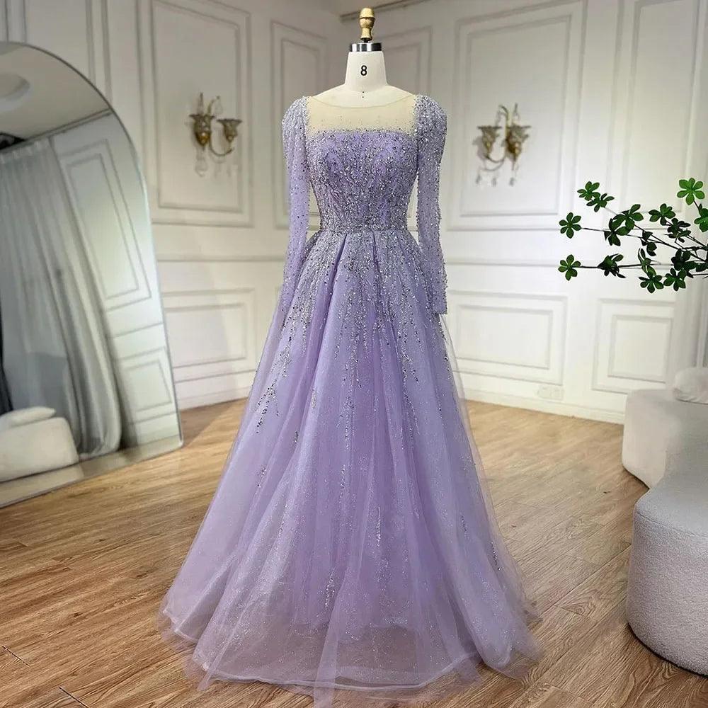 Serene Hill Muslim Pink A Line Beaded Luxury Dubai Long Evening Dresses Gowns   For Woman Wedding Party