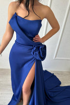 Sexy Simple Long Royal Blue Strapless Satin Prom Dress With Slit