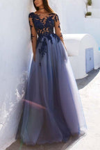 Sexy Long Sleeves Blue Lace Open Back Prom Dresses Evening Dresses