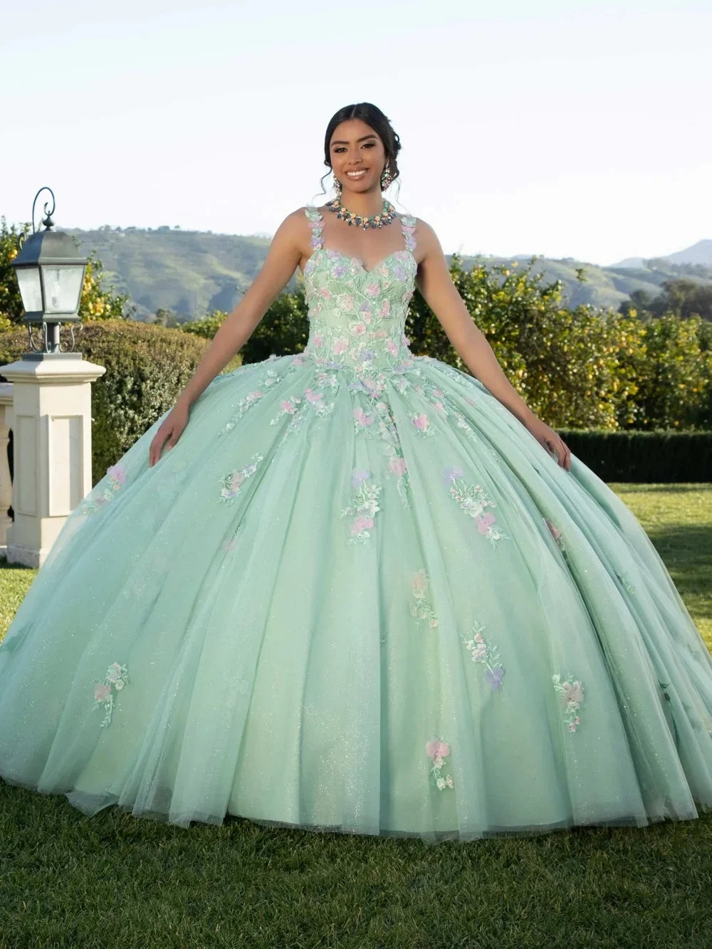 Ethereal Mint Green Sweetheart Quinceañera Dress Delicate Pastel Floral Applique Glimmering Ballgown Vestidos De 15 Quinceañera