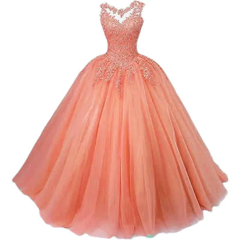 Customized Women's Beaded Lace Appliques Prom Dress Long Ball Gown Quinceanera Dresses Tulle Formal Sweet 16 Dress for Teens