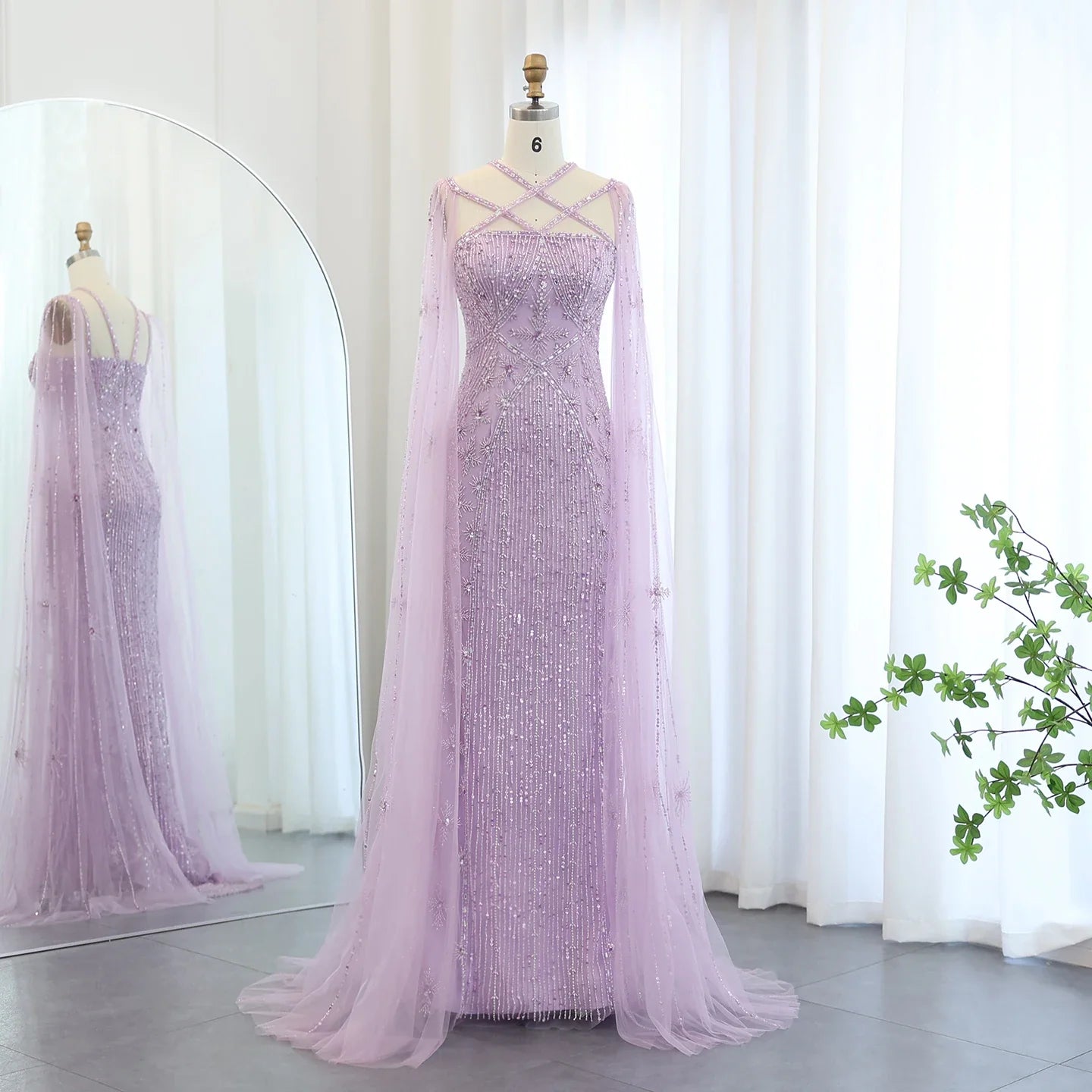 Sharon Said Luxury Dubai Aqua Lilac Mermaid Evening Dress with Cape Sleeve Criss Cross Women Wedding Party Gown SS391 Customized
