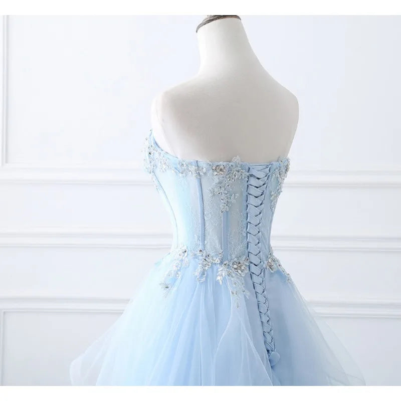 New light blue sweat long lady girl women princess prom banquet party wedding bridal dress gown