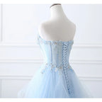 New light blue sweat long lady girl women princess prom banquet party wedding bridal dress gown