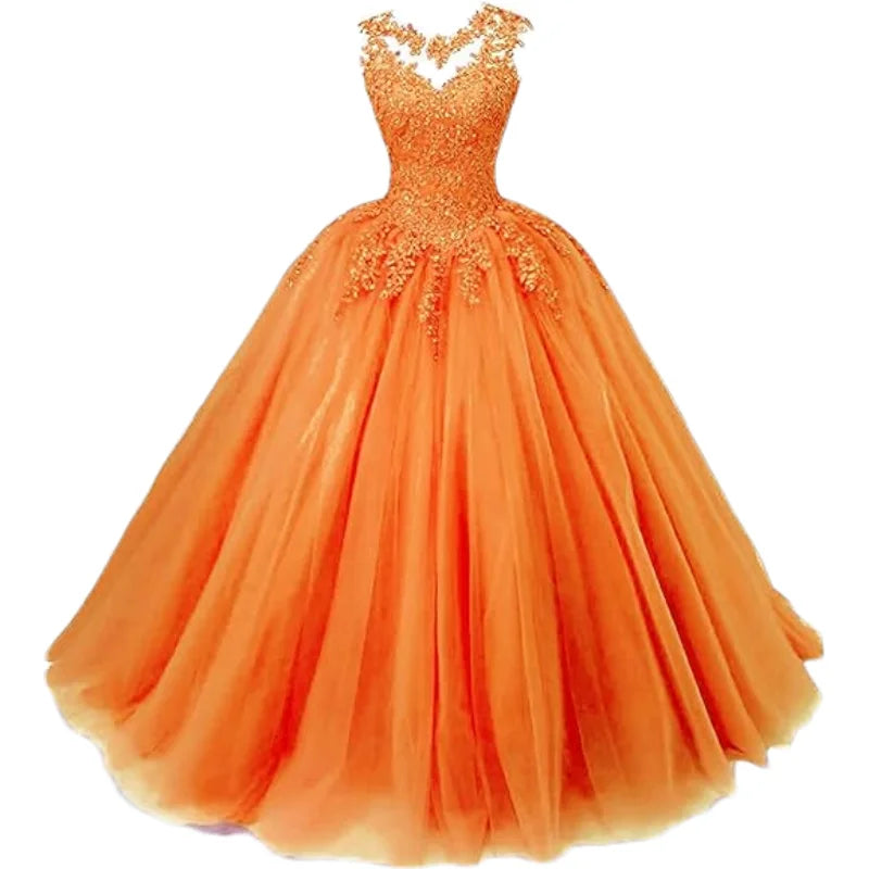 Customized Women's Beaded Lace Appliques Prom Dress Long Ball Gown Quinceanera Dresses Tulle Formal Sweet 16 Dress for Teens