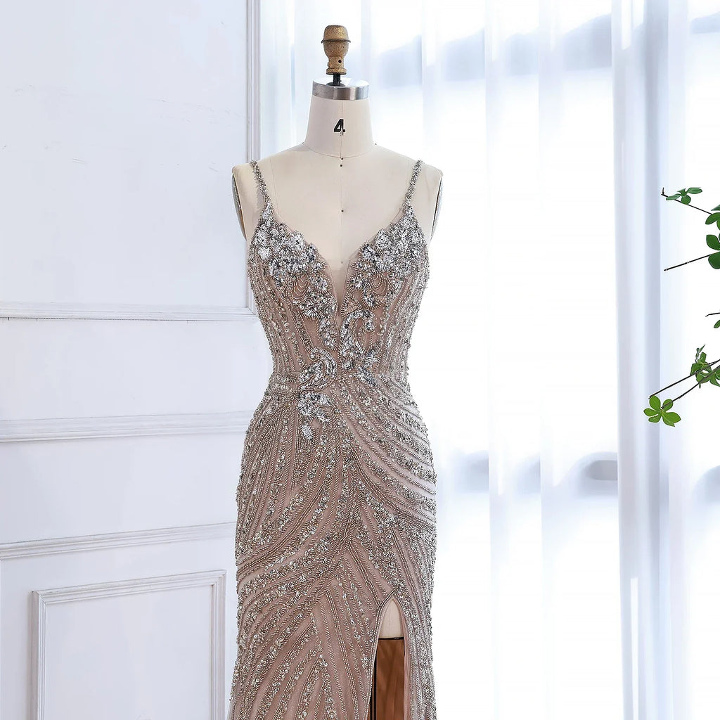 Luxury Nude Beaded High Slit Mermaid Evening Dress LA73340