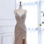 Luxury Nude Beaded High Slit Mermaid Evening Dress LA73340
