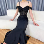 Classy Black Off-Shoulder Lace Prom Dress LA72999