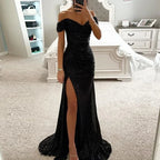 Women Mermaid Maxi Evening Dresses 2026 Elegant Off-Shoulder Sequin Split Formal High Waist Prom Dresses For Party Customized