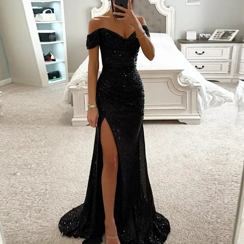 Women Mermaid Maxi Evening Dresses 2026 Elegant Off-Shoulder Sequin Split Formal High Waist Prom Dresses For Party Customized