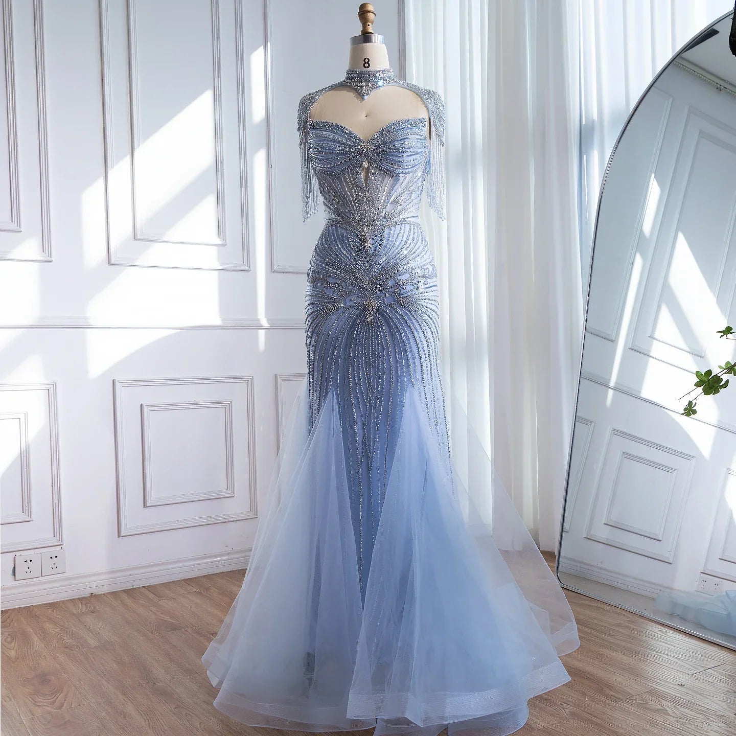 Luxury Dubai Beaded Blue Pink Evening Dress with Tassel Cape LA72897B