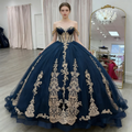 Luxury Navy Blue Cap Sleeve Gold Applique Ball Gown Sweep Train Women's Birthday Party Dress Prom 15 16 Quinceanera Customized