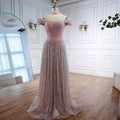 Luxury Arabic Pink Pearls Beaded Evening Dress With Cape LA72922