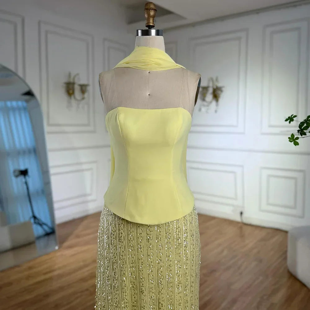 Luxury Yellow Chiffon Mermaid Evening Dress with Cape LA73007