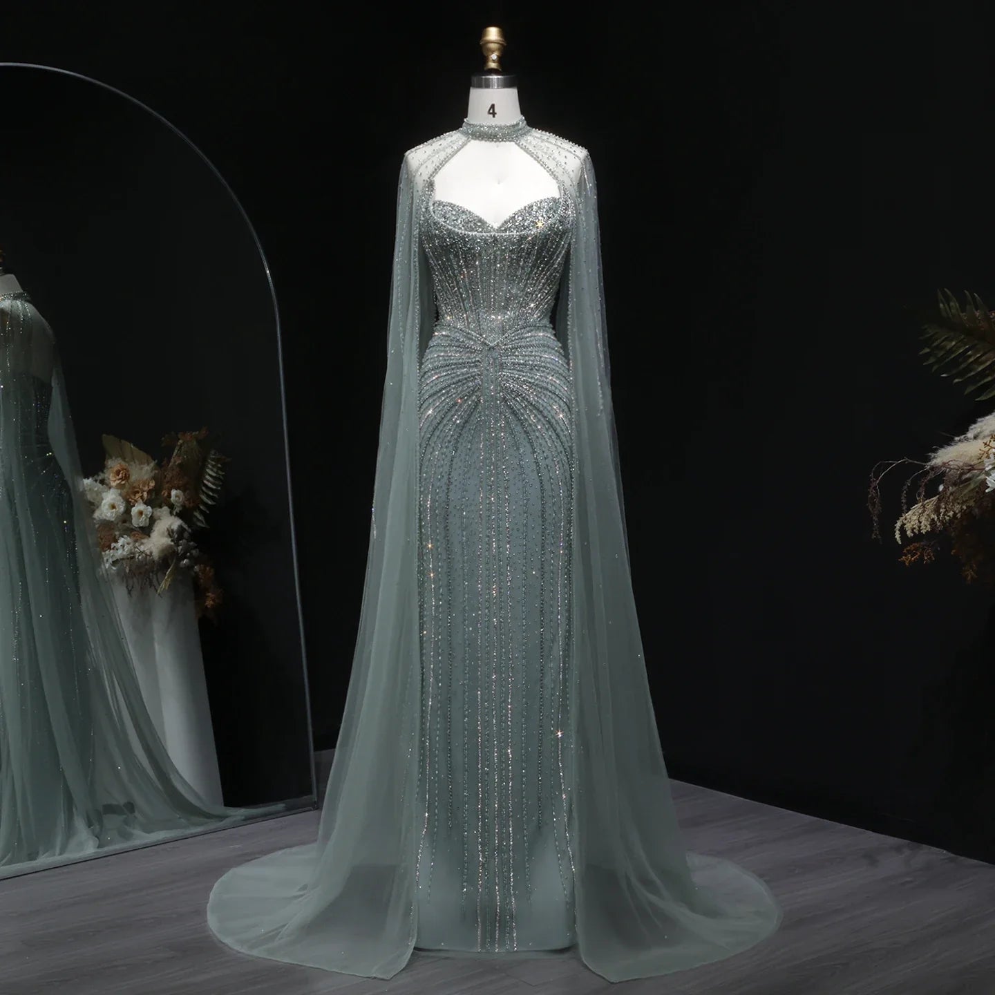 Sharon Said Luxury Crystal Sage Green Evening Dress with Cape Sleeves Long Pink for Women Wedding Party Gowns SS156 Customized