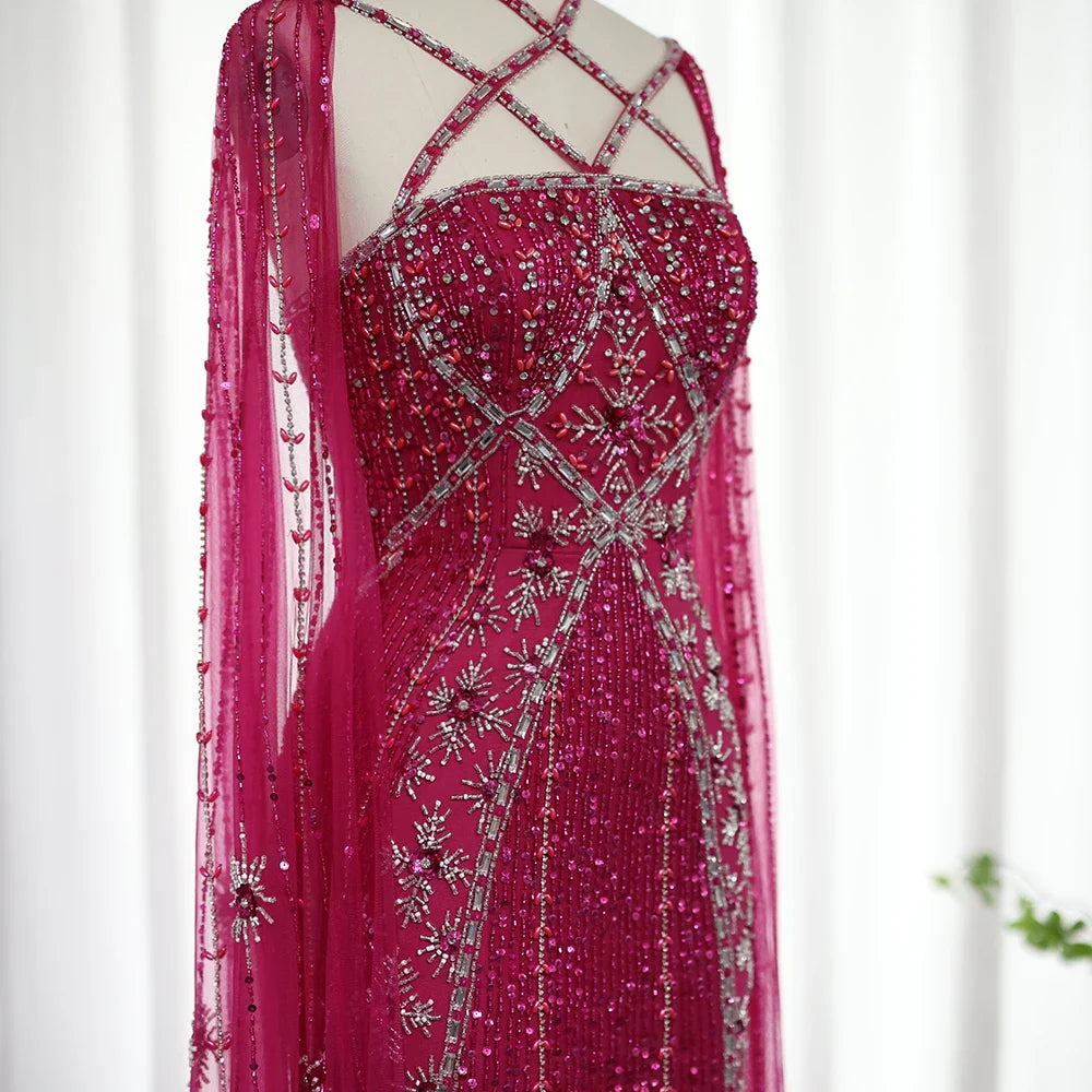 Sharon Said Luxury Dubai Aqua Lilac Mermaid Evening Dress with Cape Sleeve Criss Cross Women Wedding Party Gown SS391 Customized