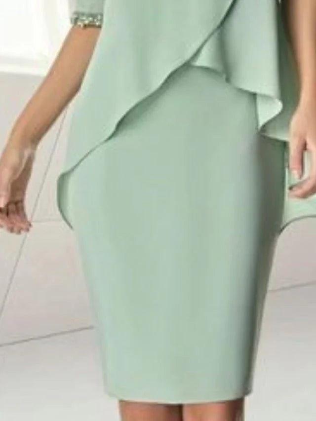 Sheath/Column Jewel Neck Knee-Length Half Sleeve Mother of the Bride Dresses with Beading Ruching