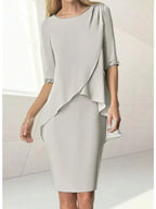 Sheath/Column Jewel Neck Knee-Length Half Sleeve Mother of the Bride Dresses with Beading Ruching