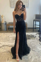 Sheath Lace Strapless Black Corset Long Prom Dress with Slit