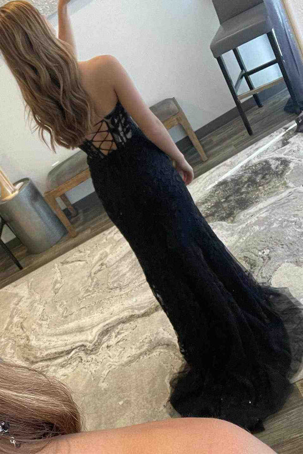 Sheath Lace Strapless Black Corset Long Prom Dress with Slit