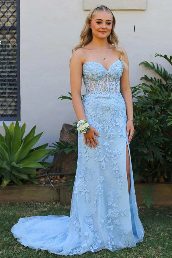 Sheath Lace Strapless Black Corset Long Prom Dress with Slit