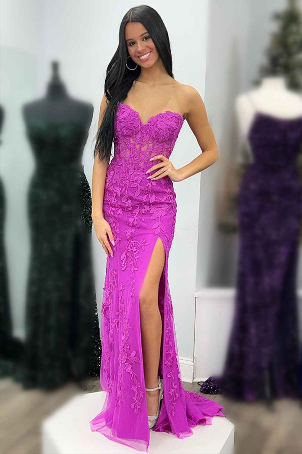 Sheath Lace Strapless Black Corset Long Prom Dress with Slit