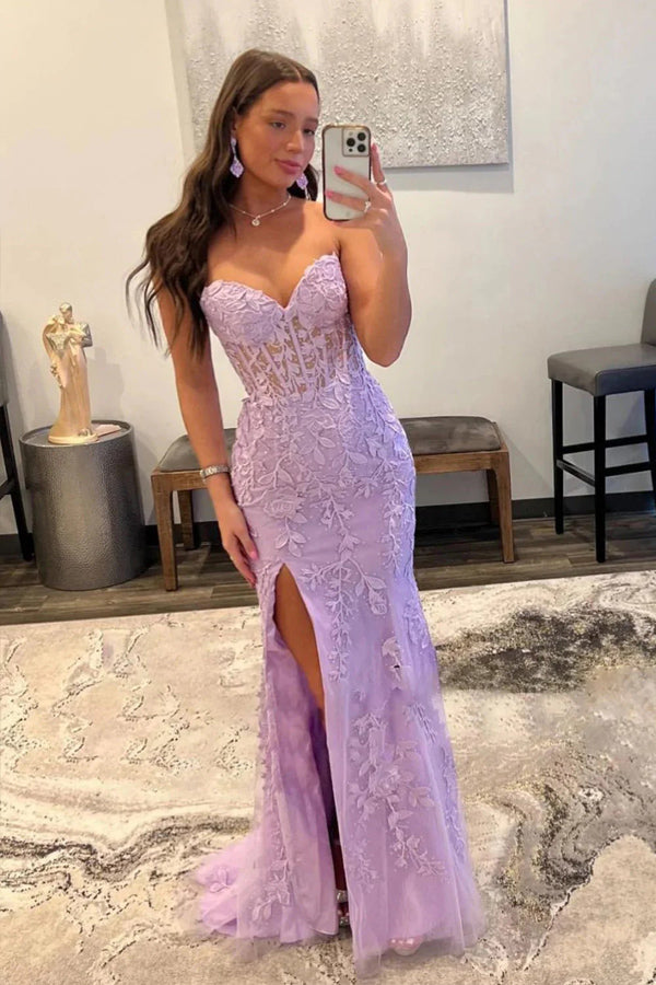 Sheath Lace Strapless Black Corset Long Prom Dress with Slit