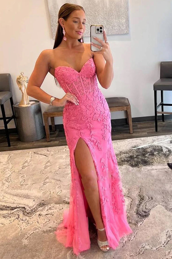Sheath Lace Strapless Black Corset Long Prom Dress with Slit