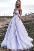 Shiny Lavender A Line V Neck Tulle Prom Formal Dress With Pocket