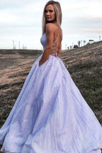 Shiny Lavender A Line V Neck Tulle Prom Formal Dress With Pocket
